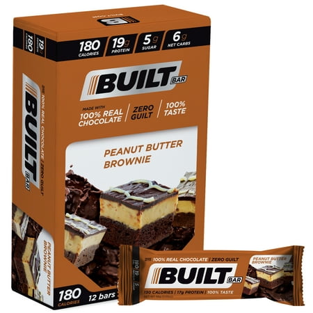 Built Bar 12 Pack Protein and Energy Bars - Gluten Free - High in Whey Protein and Fiber - Low Car Low Calorie Low Sugar (Peanut Butter Brownie)