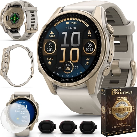 Garmin Fenix 8 43mm AMOLED Sapphire Multisport GPS Smartwatch, Soft Gold with Fog Gray Sandstone Silicone Band, 010-02903-10 - Bundle w/Deco Essentials 2-Year CPS Plan