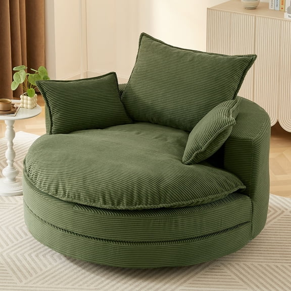 Miekor Furniture 360° Swivel Sofa Chair Accent Barrel Chair 57.5" Swivel Round Chair with Dual-layer Cushion Design and 3 Removable Pillows for Living Room, Bedroom, Office and Hotel, Green MK1379