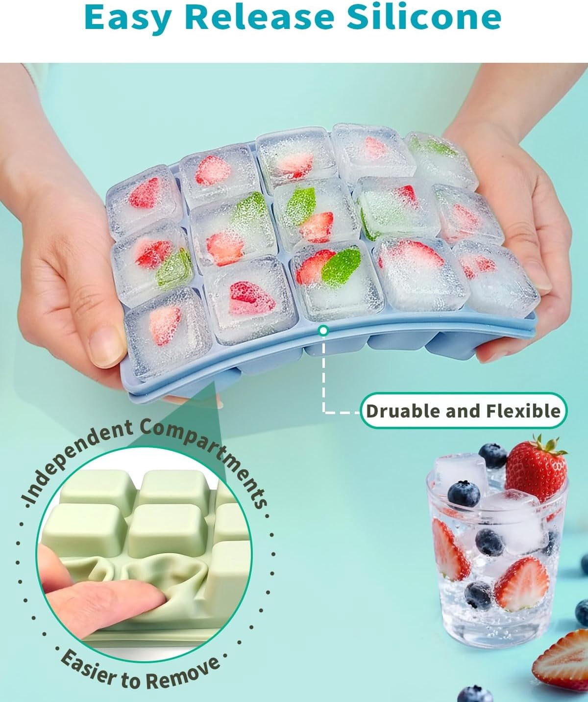 Ice Cube Tray with Lid and Bin - Upgraded Easy Release Silicone Ice Cube Trays for Freezer with Non-Spill Lids, Stackable Ice Bucket Kits with Storage Container for Kitchen, RV, Cocktail, Coffee