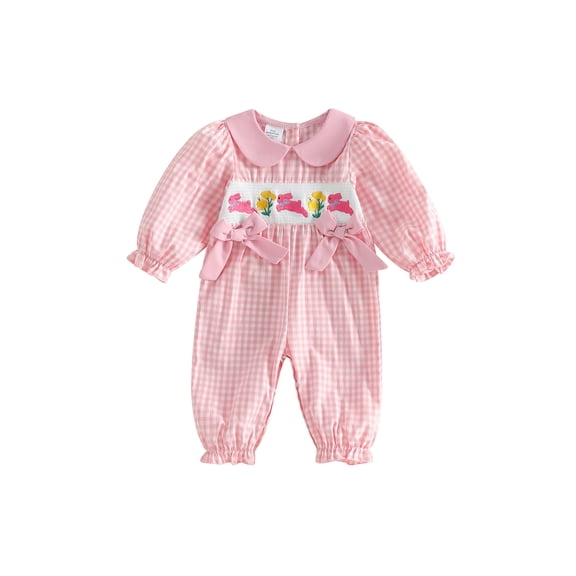 Spewahor Infant Baby Girls Easter Spring Romper 0 3 6 12 18 Months Doll Collar Puff Long Sleeve Bunny Floral Embroidery Plaid Print Jumpsuit