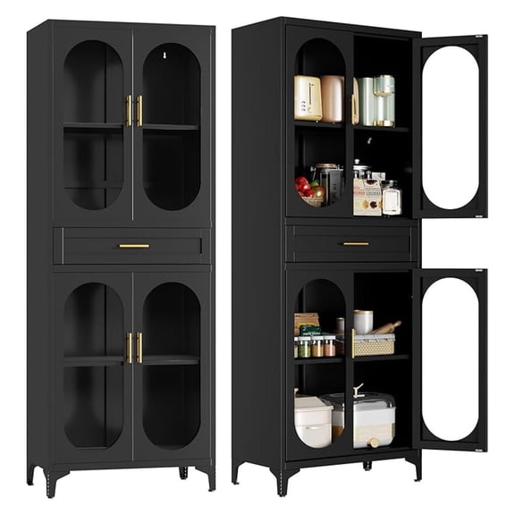 75" H Tall Metal Storage Cabinet,Large Kitchen Pantry Cabinet with 4 Glass Doors and 2 Adjustable Shelves,for Living Room, Dining Room and Office, Black