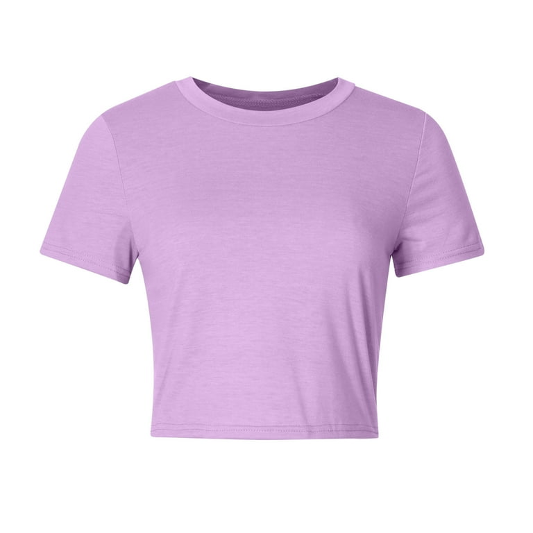 YanHoo Womens Cropped Tops Summer Cute Trendy Short Sleeve Round Neck Basic  Blouse Teens Girls Y2K T-shirts 
