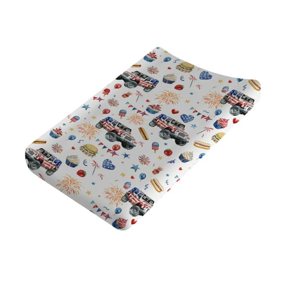 4th of July Independence Day Changing Pad Cover for Baby Girl Boy Patriotic American Flag Truck Burger Diaper Change Table Sheets Soft Stretchy Fitted Changing Pad Mat Sheets 32"x16"