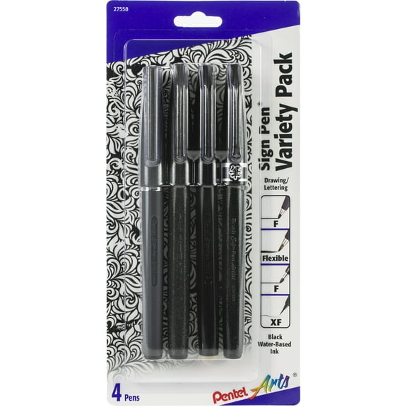 Pentel Arts Sign Pen W/Fiber Tip Variety Pack 4/Pkg-Assorted Nibs - Black Ink