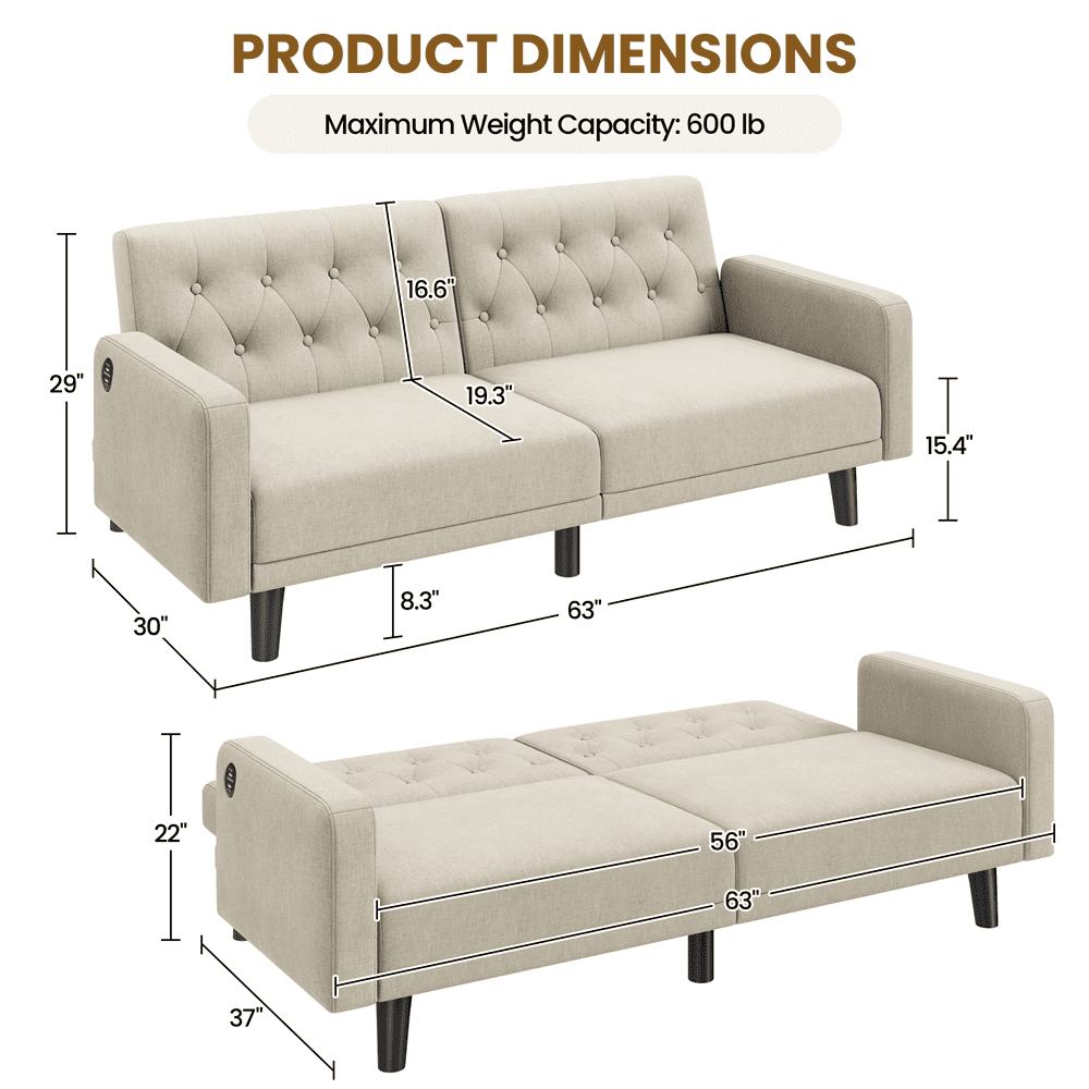 Renwick 63in Convertible Futon Sofa Bed with USB Ports, Beige