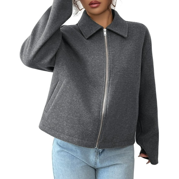 Women Jacket Casual Lapel Long Sleeve Zip Up Cropped Coats Trendy Outwear Fall Winter Streetwear Gray M