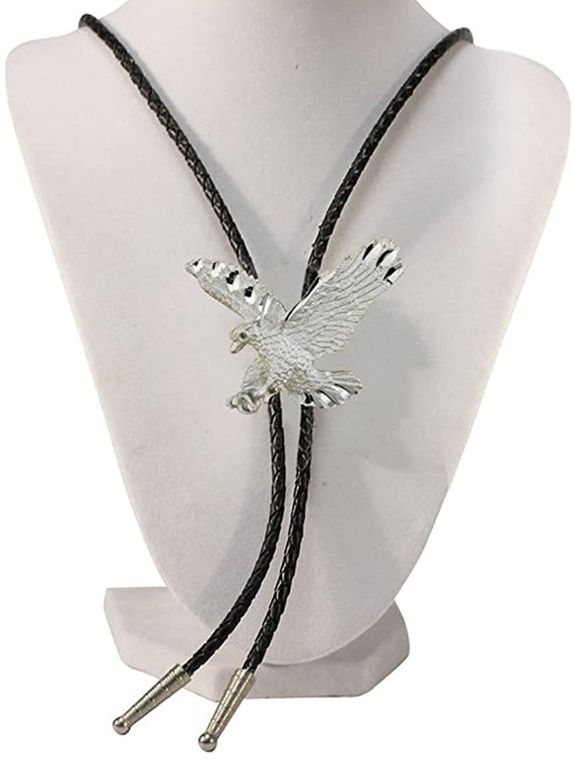 18 inch hang Mens Western Bolo Tie Silver Tone Triangle with Mirrored Stone with Black Leatherette 
