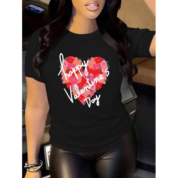 Women's "Happy Valentine's Day" Black T-Shirt with Red Heart & Floral Design - Casual Crew Neck, Short Sleeve Top, Stretchy Polyester Blend, Machine Washable Tee For Adult, Men, Women, Teen, Teenager