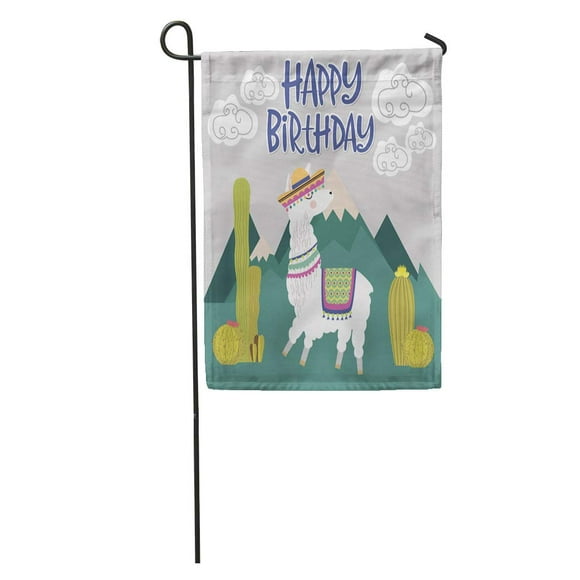 NUDECOR Abstract Happy Birthday Cute Alpaca Character Cactus Cartoon Drawing Garden Flag Decorative Flag House Banner 12x18 inch