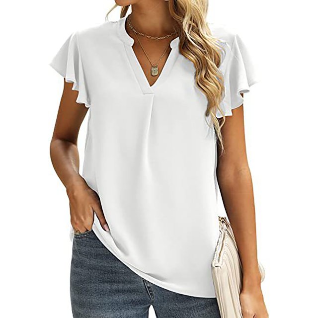 Blusa de manga casquillo para mujer, camisa con cuello en V de Color puro informal holgada elegante a la moda para ir de compras