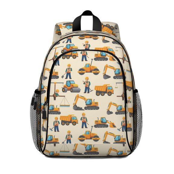 Excavator and Construction Worker Backpack for School, Cute School Bag with Adjustable Shoulder Straps and Padded Back, 15"x11.42"x5.5"