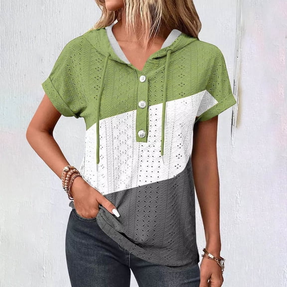Cagogo Short Sleeve Tee Shirts for Women Summer Tops Under $5 Plus Size Color Block Hollow Hooded T Shirts Hoodies Button V Neck Drawstring Going Out Shirts Birthday Gifts