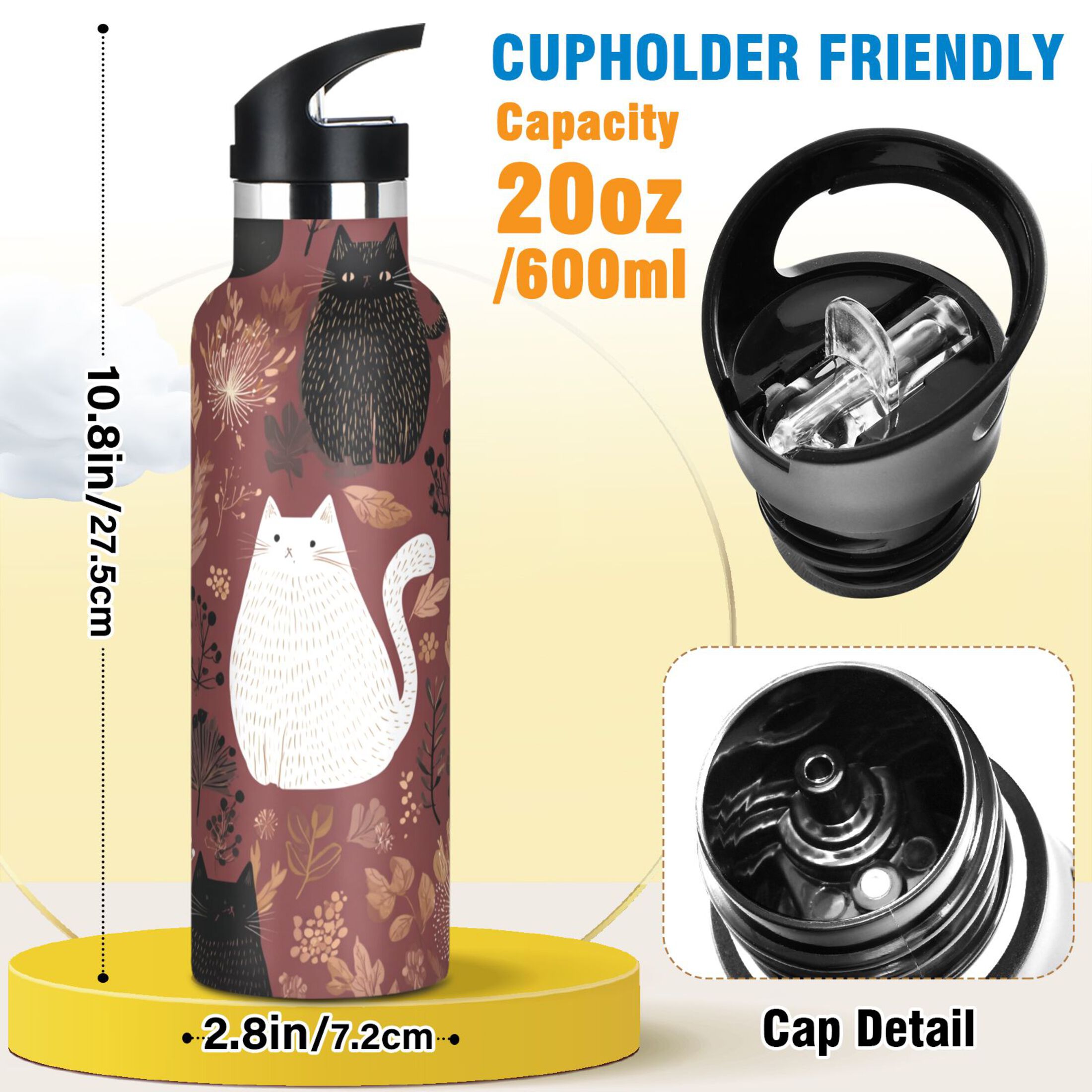 600ML Stainless Steel Insulated Cup Sports Water Bottle Portable Thermos Cup Water Glasses Insulated Tumblers Convenient and Durable Colorful Cats