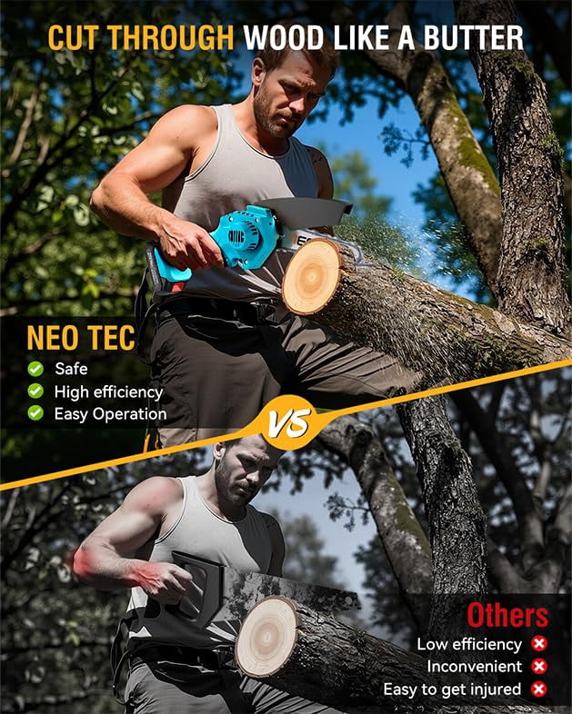 NEOTEC Mini Chainsaw Cordless 6-inch, Handheld Electric Chainsaw 4000mAh Battery Powered with Dual Security Lock, Mini Chain Saw for Tree Trimming Wood Cutting (2 Batteries+3 Chains+2 Bars)
