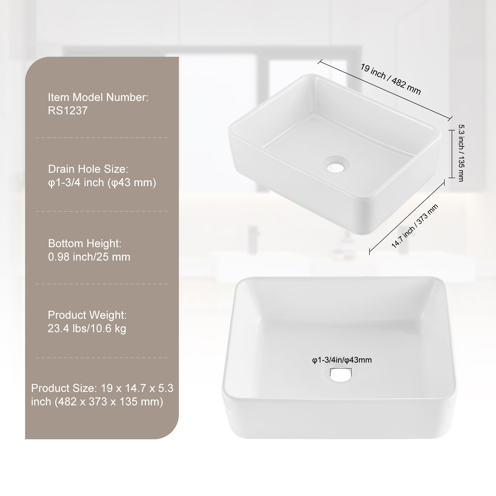 KFFKFF Rectangular Basin, 19" x 14.7" Countertop Sink, White Ceramic for Above Counter Use, Contemporary Design, Lustrous and Sophisticated, Securely Packaged for Bathrooms, Hotels, Restrooms, RVs