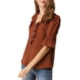 thumbnail image 4 of INSPIRE CHIC Women's Ruffled V Neck Puff Elbow Sleeve Semi-Sheer Chiffon Blouse S Brown, 4 of 8