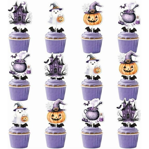 24pcs A Baby Is Brewing Halloween Cupcake Toppers Purple Halloween Baby Shower Decorations Ghost Bat Pumpkin Cupcake Decorations Boo Is Brewing Party Supplies for Kids