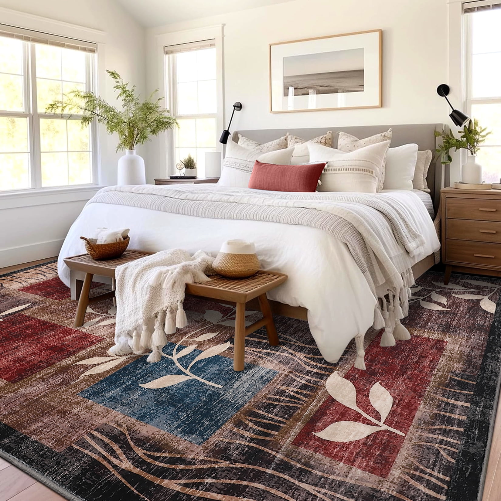 FairOnly 8'x10' Red Contemporary Washable Area Rugs for Living Room Abstract Leaf Low Pile Bathroom Rugs Soft Rugs Indoor Floor Carpet