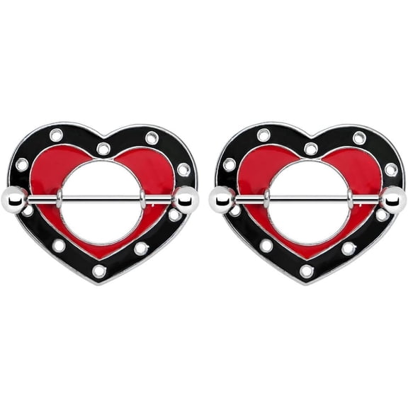 2PCS Surgical Steel 14G Nipple Rings Barbells Enamel Black Red Heart Nipple Shield Bars Nipplerings Piercing Jewelry 12mm 1/2 Inch