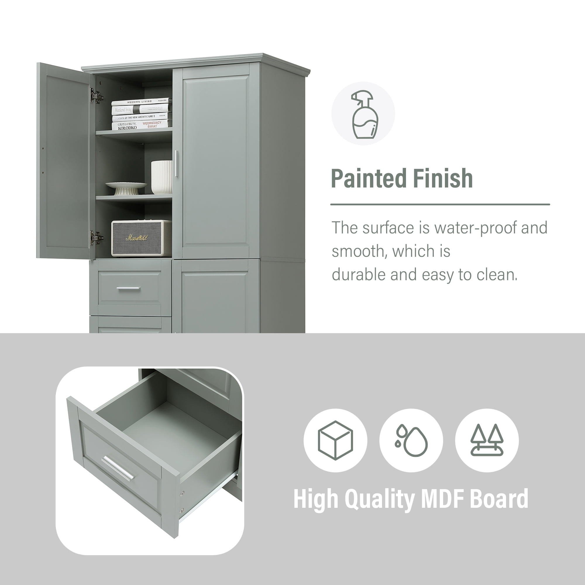 Euroco Tall Freestanding Storage Cabinet with 3 Drawers and Adjustable Shelf, Wide Linen Tower Cabinet with Doors, Waterproof Painted MDF, Anti-Tipping Kit