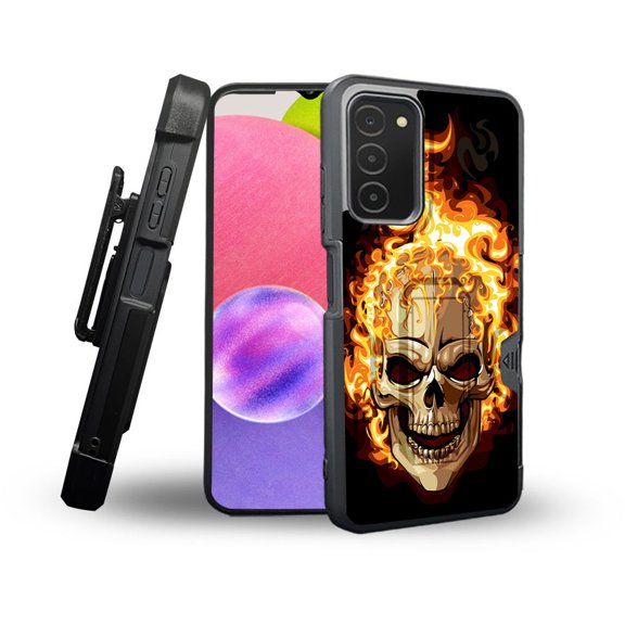 ANJ  Rugged Shockproof Holster Case Card Slot Kickstand   Tempered Glass Cover for Samsung Galaxy A03s - Fiery Skullcap