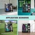 thumbnail image 6 of Wooden Golf Bag Organizer - Holds 2 Bags & Shoes | Premium Garage Storage Rack w/Locking Wheels | Fits Clubs, Balls, Accessories | 35.5"x18"x40" | Black, 6 of 7