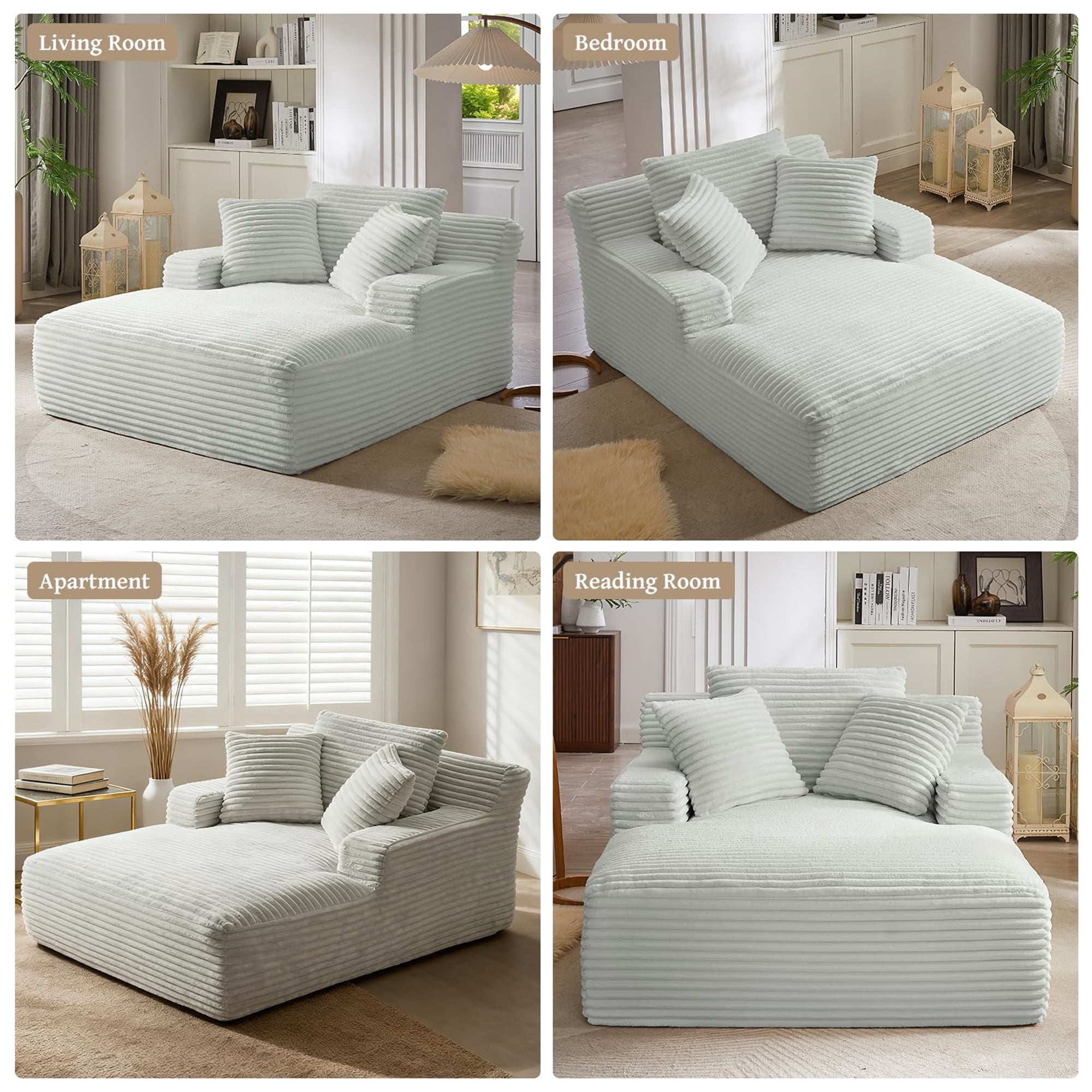 Aukfa 66" Oversized Chaise Lounge Indoor Boneless Couch Plush Sofa Bed for Living Room, 3Pillows, Light Gray