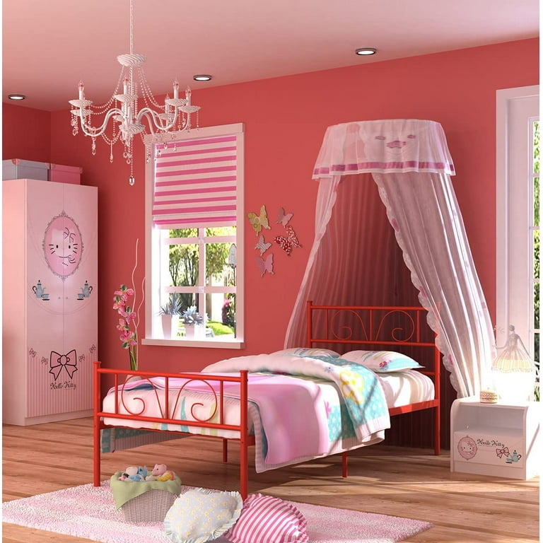 Red Twin Beds Frames with Storage Single Bed Frames No Box Spring Needed Metal Twin Size Beds with Headboard for Girls Kids Twin Platform Foundation