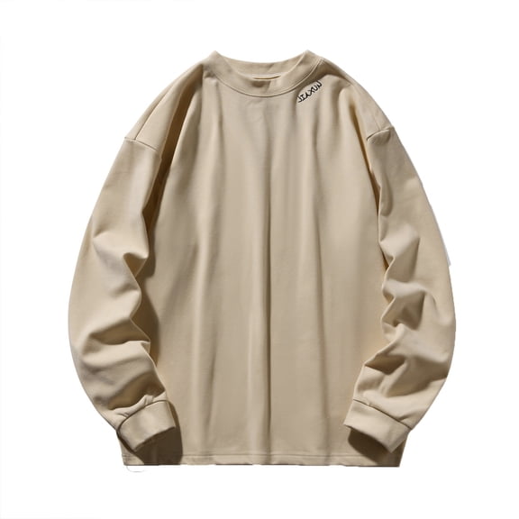 ZCFZJW Long Sleeve Fall Crewneck Hoodless Sweatshirts for Men Big and Tall Regular Fit Casual Sports Soft Embroider Solid Color Basic Workout Pullover Tops Beige XXL