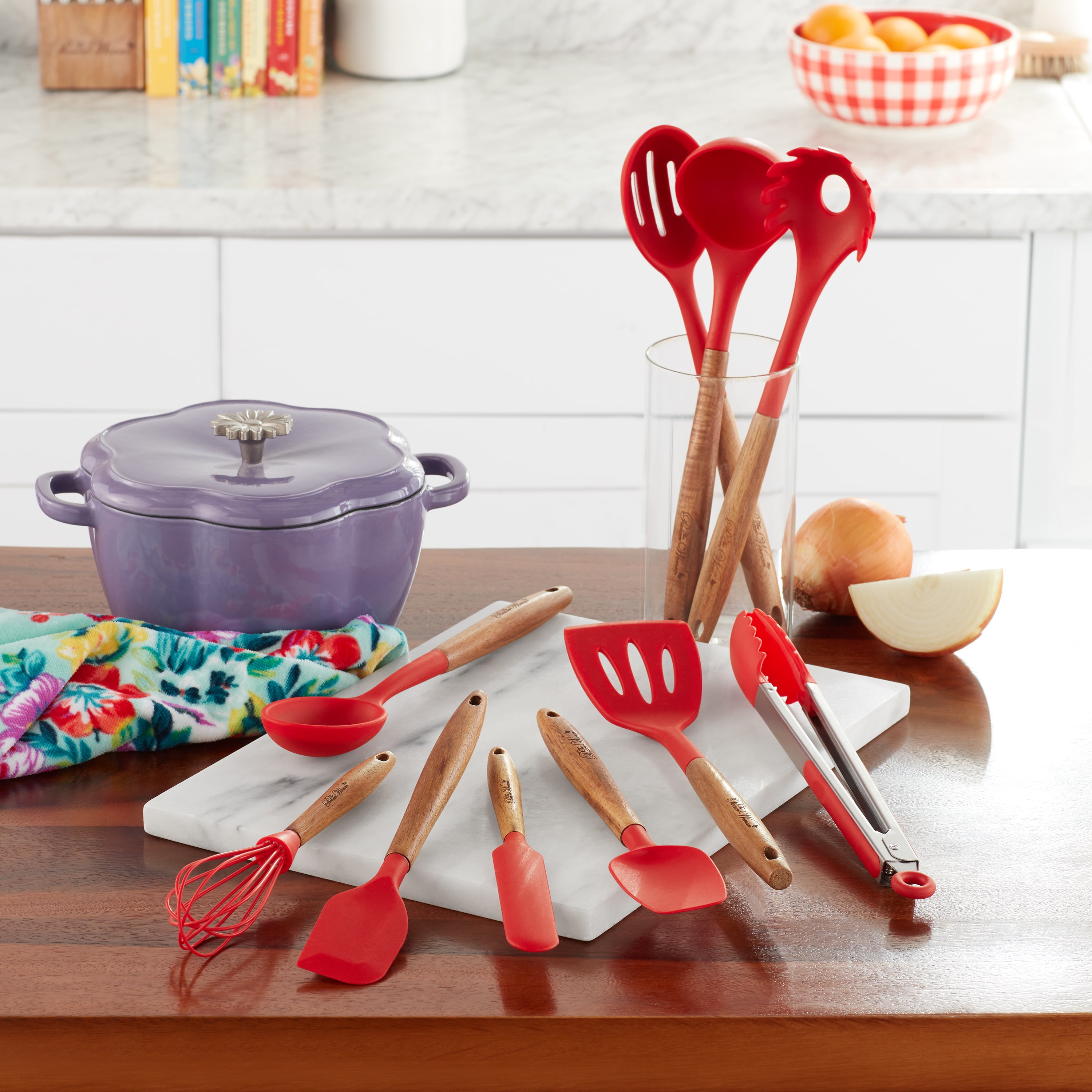 The Pioneer Woman 10-Piece Silicone and Wood Handle Kitchen Cooking Utensils  Set, Red 