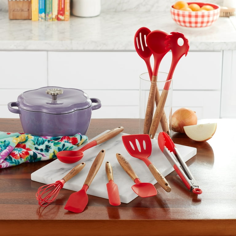 9 Piece Red Colored Silicone Kitchen Utensils Set with Wooden Handles