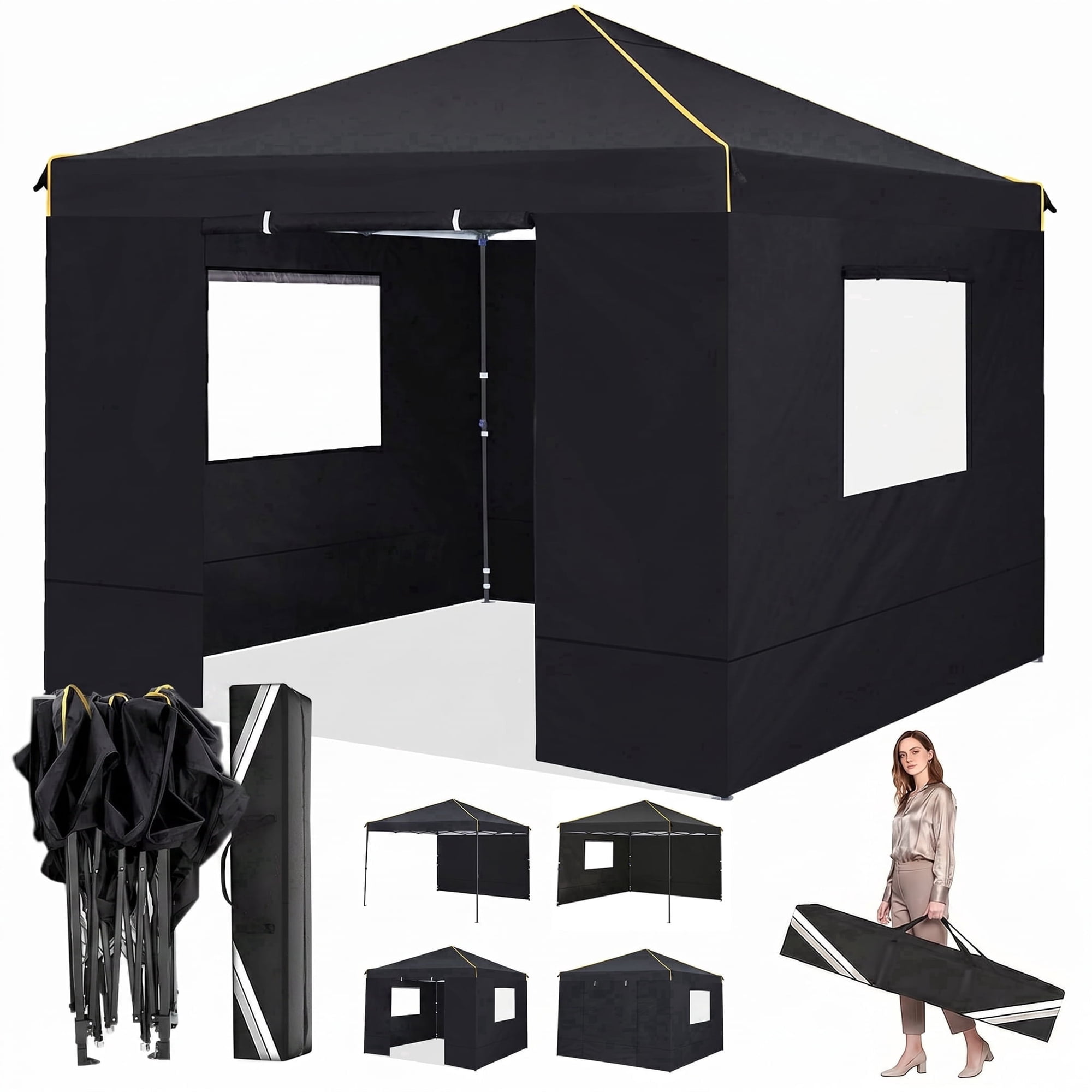 HOTEEL 10x10 Pop up Canopy with 4 Sidewalls,Waterproof Tent for Parties Wedding Event,Instant Outdoor Gazebos with Carry Bag,Stakes,Ropes,Black