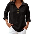 thumbnail image 5 of ManxiVoo V Neck Button Down Blouse for Women 3/4 Sleeve Cotton Linen Shirt Breezy Summer Tops Relaxed Fit Casual Office Wear M Size Black, 5 of 9