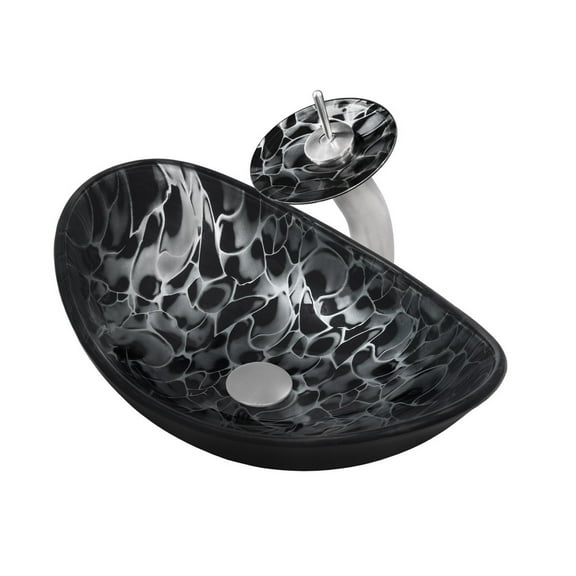 Novatto Tartaruga Oval Glass Vessel Bathroom Sink Set, Brushed Nickel