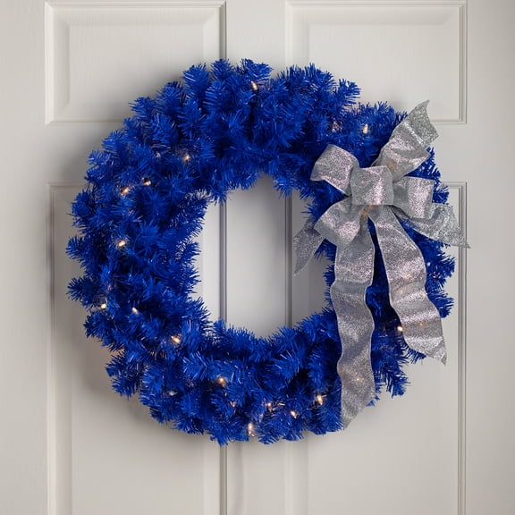 Northlight Pre-Lit Artificial Pine Christmas Wreath - 24" - Royal Blue - Clear Lights