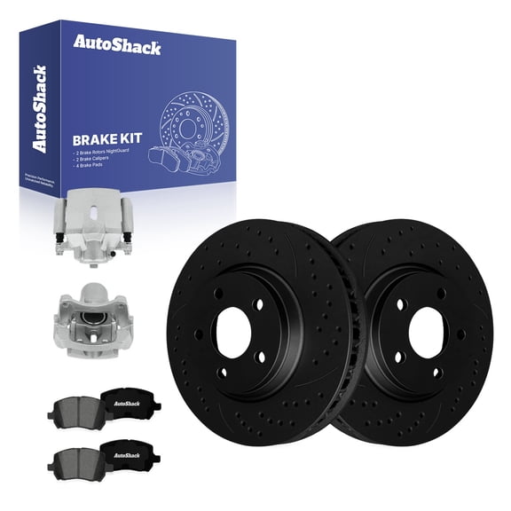 AutoShack Front Vented Drilled & Slotted E-Coated Brake Rotors Black Finish   Premium Ceramic Pads   Calipers 8-PC Brake Kit Replacement for 2004-2012 Chevrolet Malibu NightGuard 11.65" (295.8 mm)