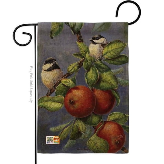 Breeze Decor BD-BI-G-105034-IP-DB-D-US12-AL 13 x 18.5 in. Chickadees & Apples Burlap Garden Friends Birds Impressions Decorative Vertical Double Sided Flag