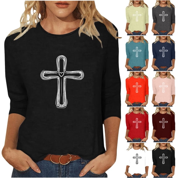 DDAPJ pyju Christian Cross Graphic T-Shirts for Women 3/4 Sleeve Crewneck Tee Shirt Jesus Devotee Gift Tops Pink XL