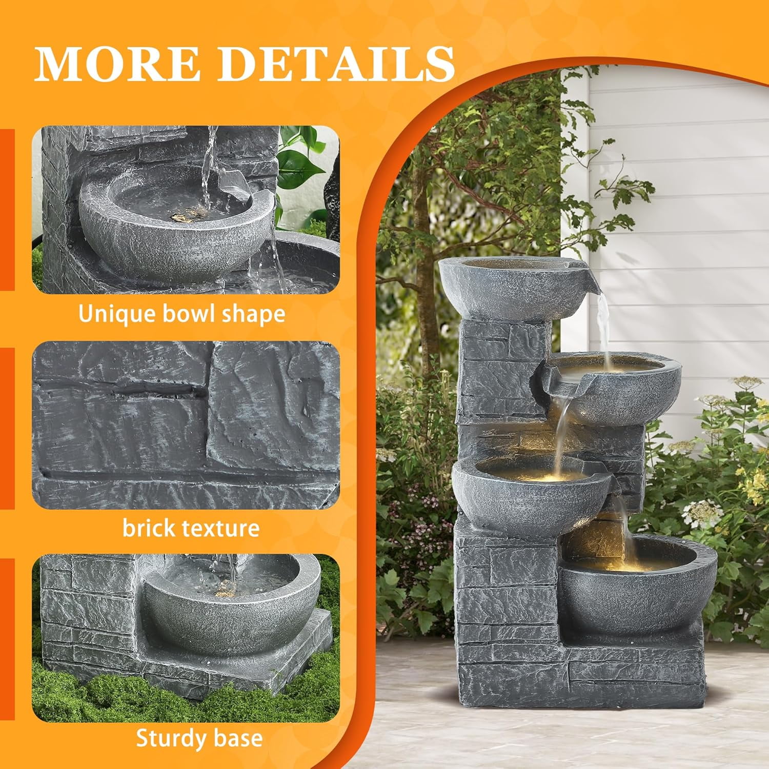 Haverchair 21.9" Outdoor Water Fountain with LED Lights, 4-Tier Bowl and Stacked Stones Garden Fountain, Modern Cascading Waterfall Fountains for Garden, Patio, Backyard, Porch and Home Decor