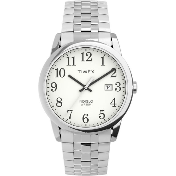 Timex Men's Easy Reader 38mm Perfect Fit Watch – Silver-Tone Case White Dial with Silver-Tone Expansion Band