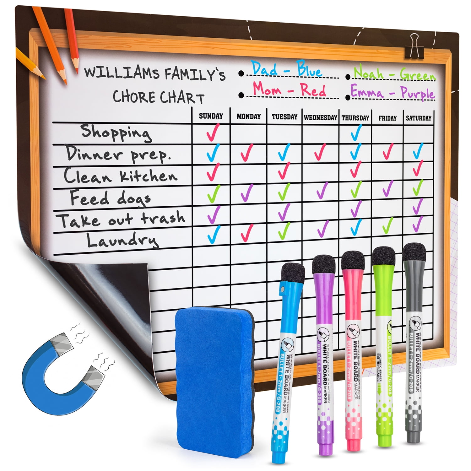 Weekly Chore Chart for Teens & Adults use as Dry Erase Board Many Color Options 