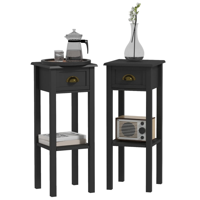 HOQBN 2-Tier Side Tables Set of 2 with Drawer and Shelf, 2-Piece End Table Set for Living Room and Hallway, Black