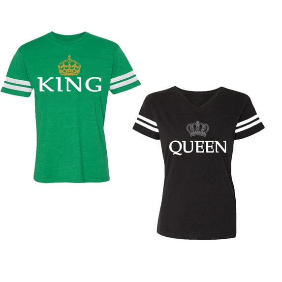 King Queen Old Unisex Couple Matching Cotton Jersey style T-Shirt Contrasting stripes on sleeves (Men Green / Women Black) (Men S / Women S)