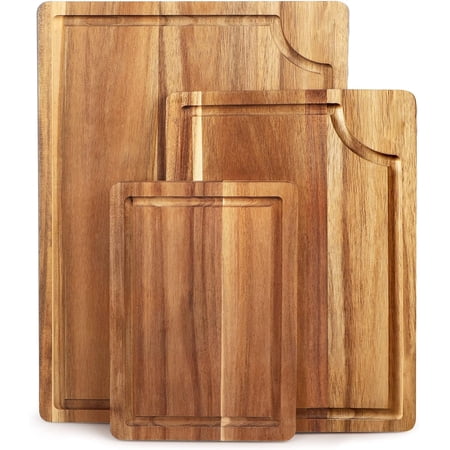 Acacia Wood Cutting Board Set 3 Pieces with Juice Groove, Organic Wooden Chopping Boards for Kitchen, Butcher Block for Meat Vegetables Cheese, 15x10 12x8 9x6 Inch, Natural Brown