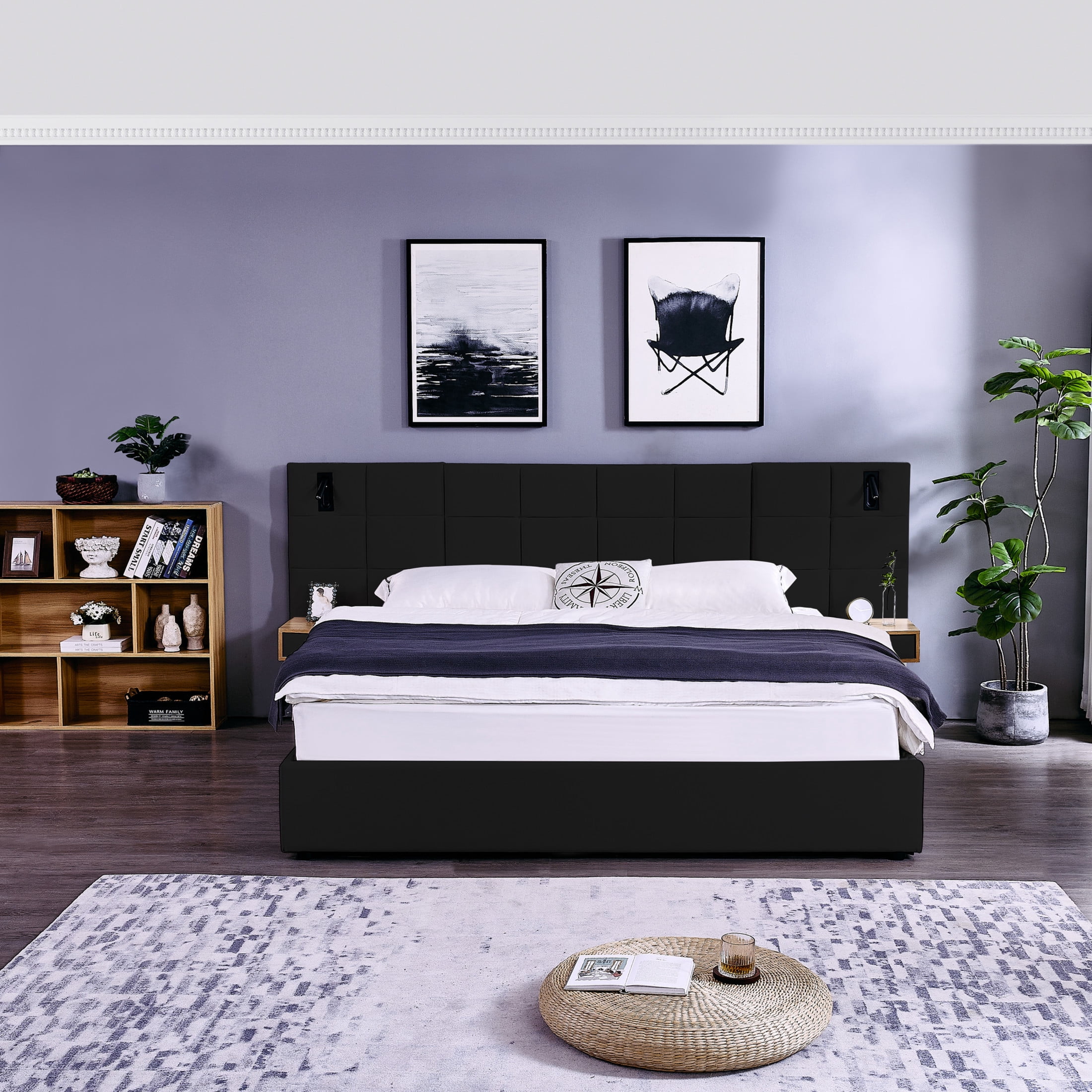 Noble House Derwin King-Size Velvet Storage Bed, Hydraulic Platform Bed Frame with Reading Lamps and USB Port, Black