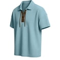thumbnail image 5 of FINALGANG Mens Solid Color Polo Neck Short Sleeve Waffle Knit Lace Up TShirt For Casual Daily Wear Bohemian Style Outings Themed Party Activities Blue L, 5 of 8