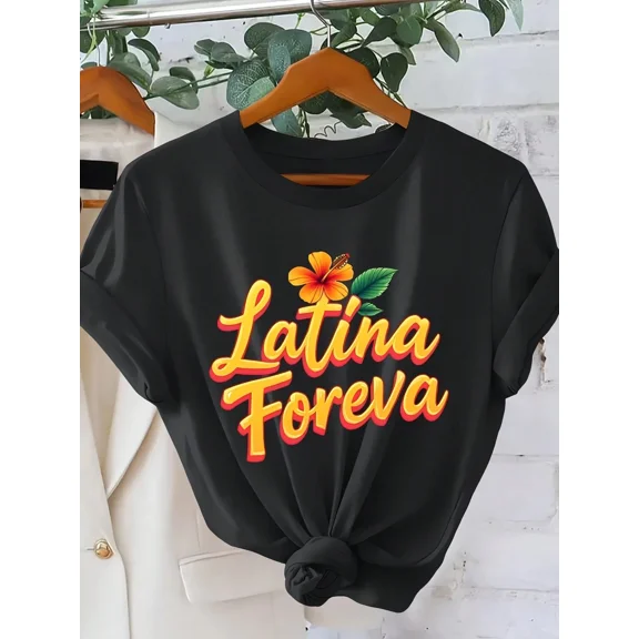 _Latina Foreva_ Letter Print Women'S T-Shirt _ American Vintage Outdoor Style Round Neck Short Sleeve _ Casual Versatile Top For Women _ Summer 2026 Vacation Style Apparel _ Elegan