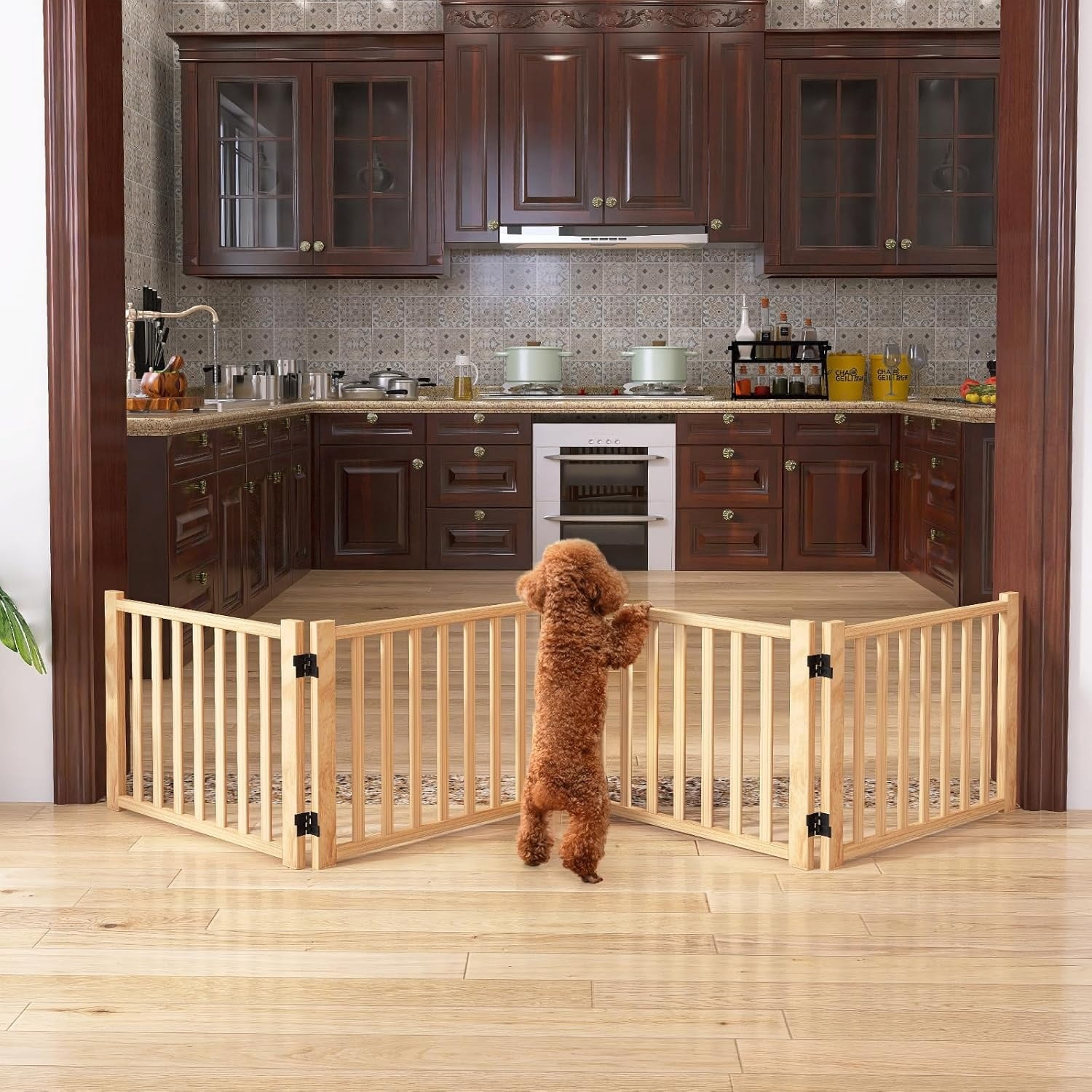 Paint-Free Wooden Freestanding Dog Gates for The House,Doorways, Stairs,Wood Dog Fences Indoor Pet Gate,Step Over Fence-4 Panel H:16.9"