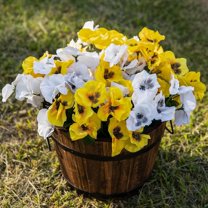Artificial Fake Flowers Plants for Outdoor, 8 PCS Faux Silk Pansy Wild Flower Bundles for Pot Planter Look Real UV Resistant for Home Garden Porch Yard Outside Decor, (Yellow White)